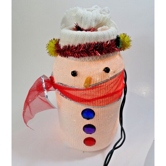 Handmade Sock over Jar Lighted Snowman w/ Red Ribbon Scarf Christmas Decor - Picture 4 of 5